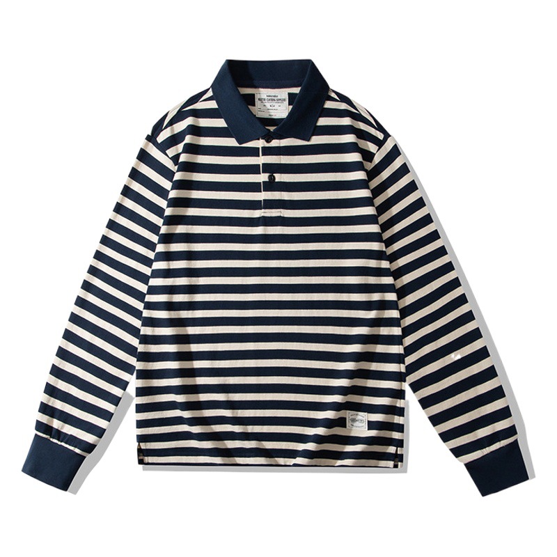 OKONKWO ameikaji 230g grueso pesado solapa camiseta mar espíritu camisa retro rayas manga larga polo camisa