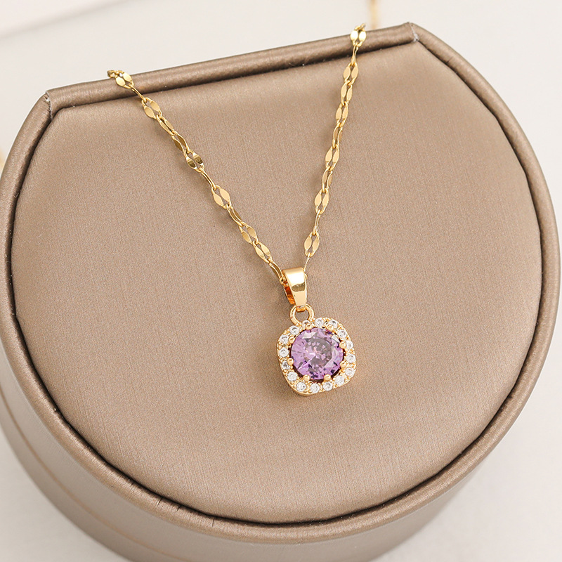 티타늄 스틸 스테인레스 스틸 자수정 지르콘 쇄골 체인 복고풍 간단한 틈새 조명 고급 고급 보석 도매