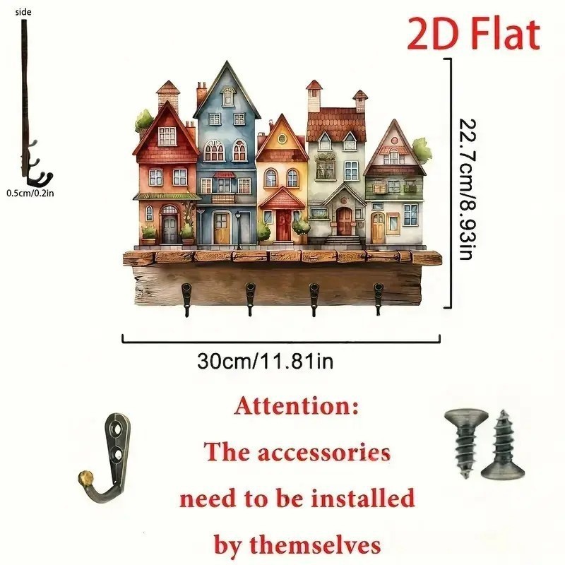 新着カラフルな木製キャビンキーハンガーフラットグラフィックデザインリビングルームの装飾木製置物キーハンガー|undefined