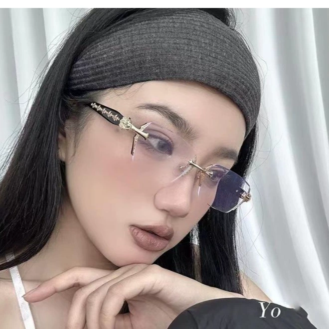 Rimless glasses for women, anti-blue light reading glasses, internet celebrity's same style, no makeup, slimming glasses frame, fashionable edge-cut reading glasses