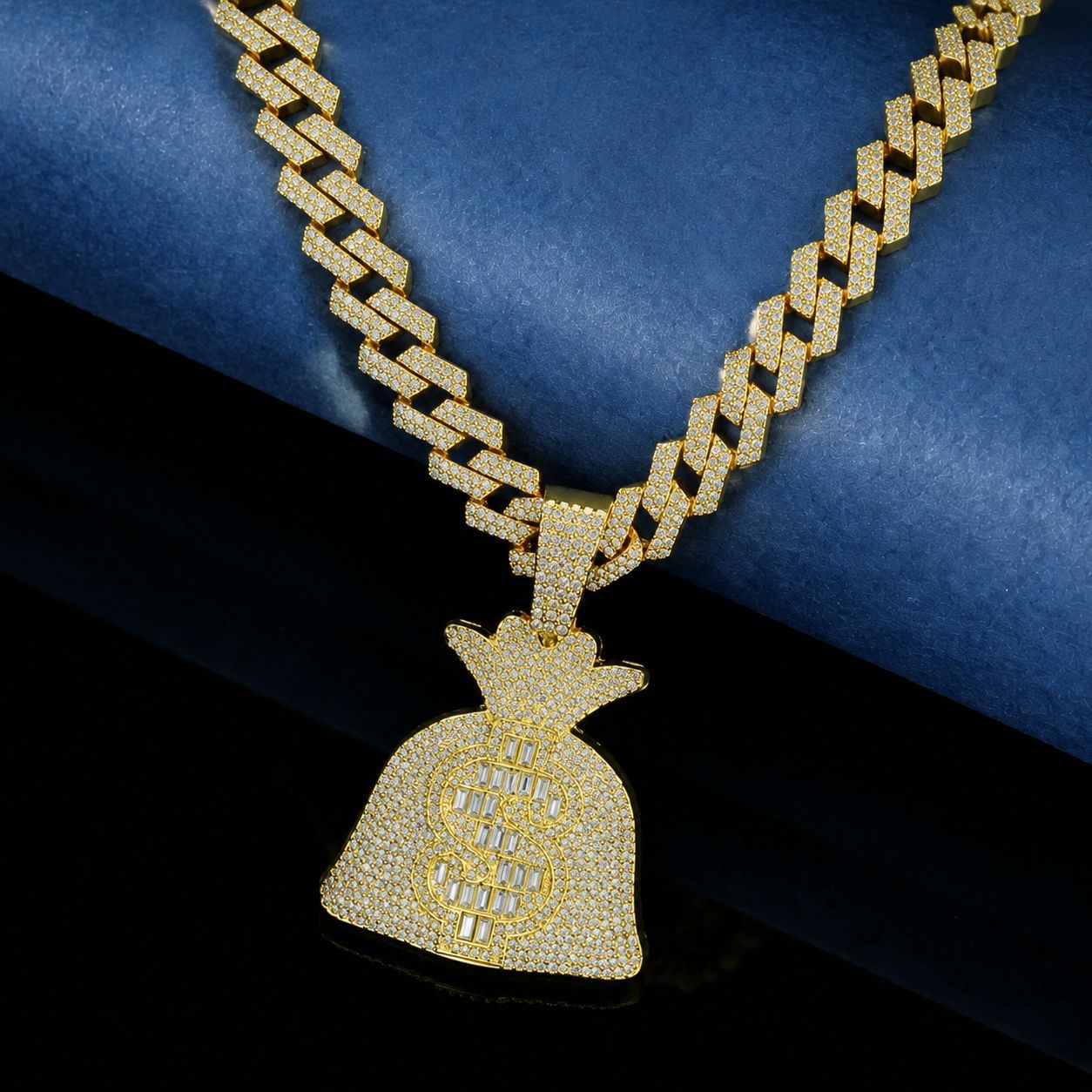 Collar con colgante de bolsa de dinero estilo hip-hop creativo europeo y americano, collar cubano unisex de doble capa con diamantes, personalizable.