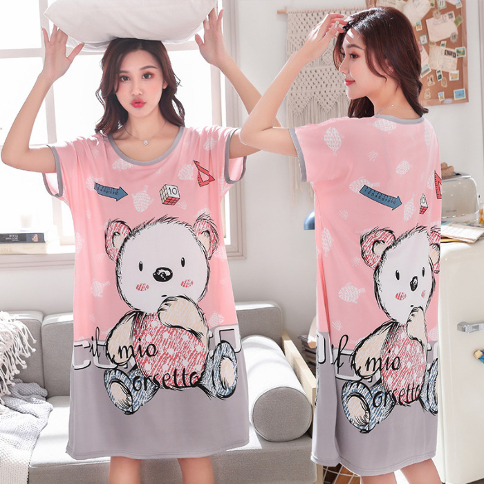 Camisón de las mujeres del verano Delgado manga corta nueva línea rojo estilo pijamas dibujos animados lindo señoras vestido flojo desgaste hogar