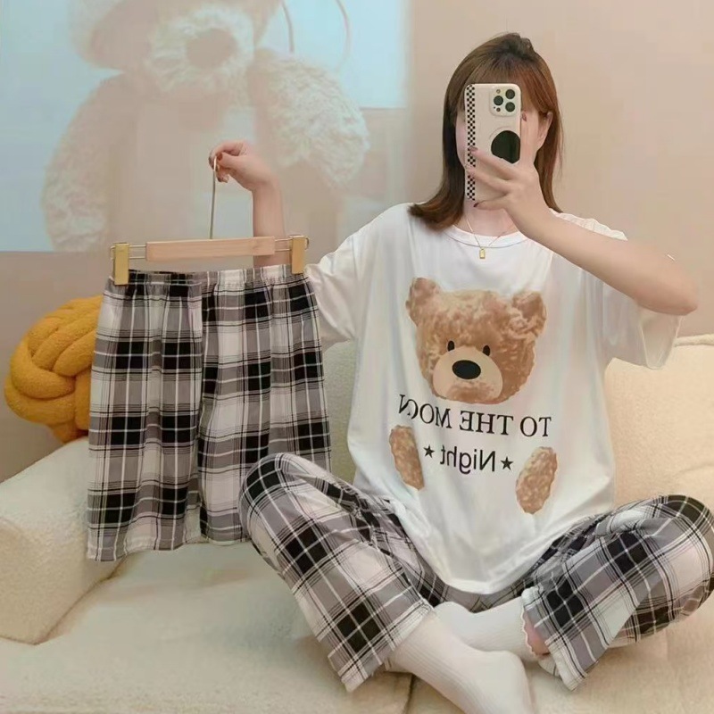 Pijamas de verano transfronterizos pijamas de leche de seda de tres piezas set de dibujos animados comercio exterior ropa para el hogar pantalones de mangas cortas lindos