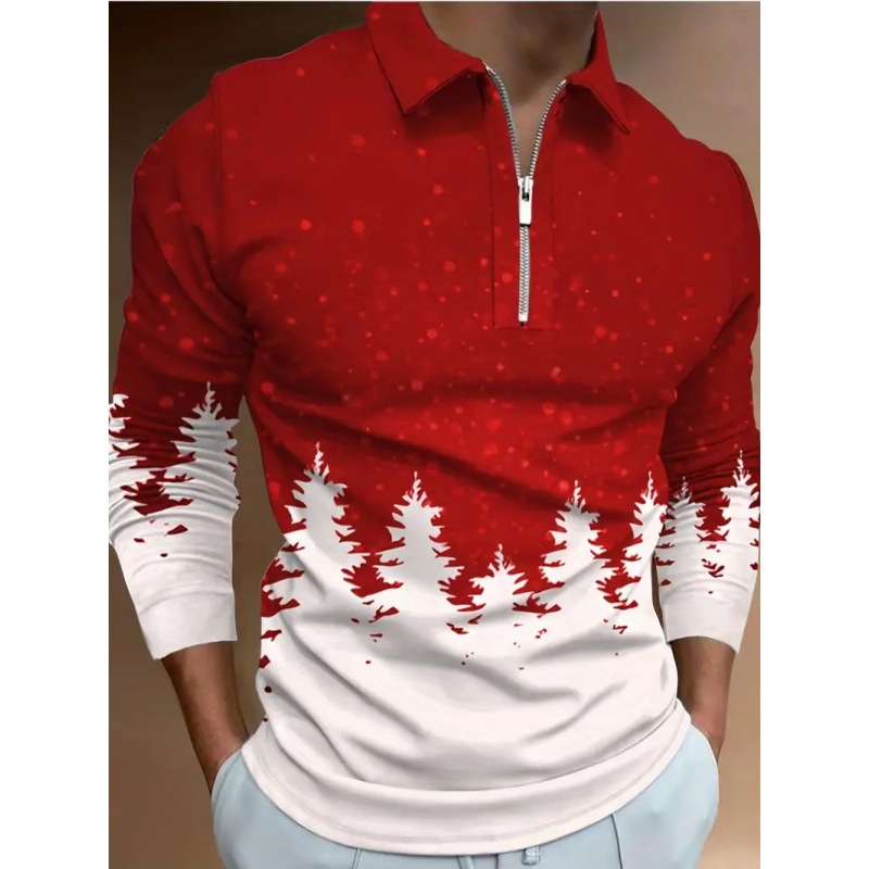 Simple rojo y blanco color de contraste año nuevo árbol de Navidad impresión 3D hombres calle todo fósforo hombro de manga larga cremallera camisa POLO