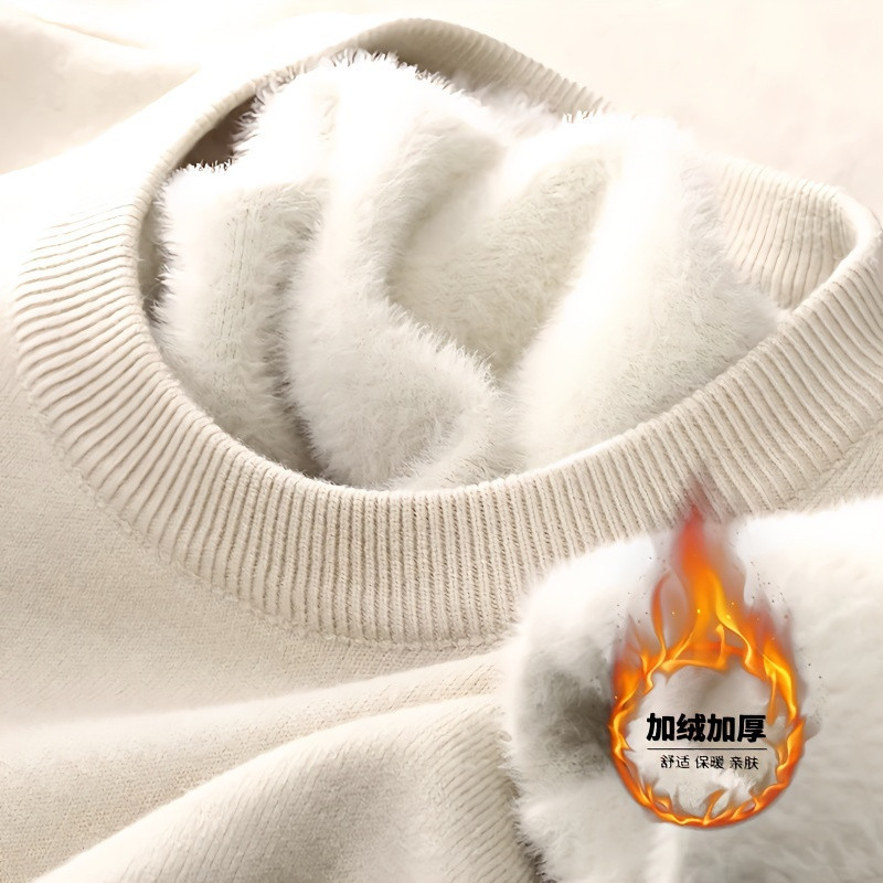 Men's soft keep warm velvet solid color knitted winter sweater with…