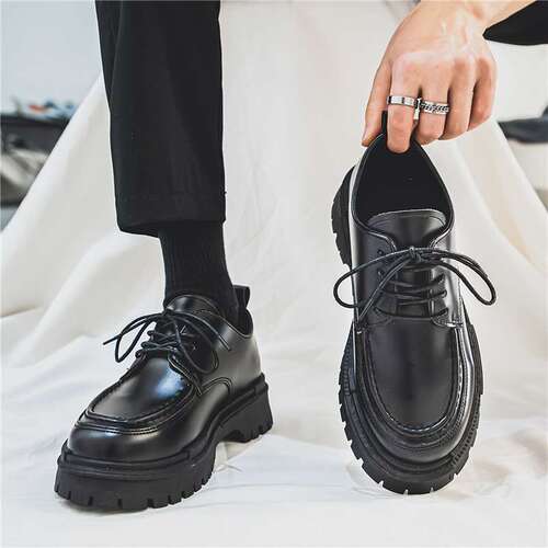 Men's Autumn/Winter New Black Round Toe Heeled Student Laced Leather Shoes Korean Style Blue Casual Shoes