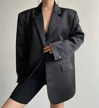 春秋薄款黑色西装外套女小个子光泽感设计感小众韩版宽松垫肩西服