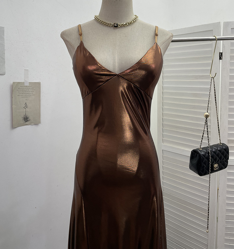 Sexy Liquid Metal Color Sling Dress with Chest Pad Dress