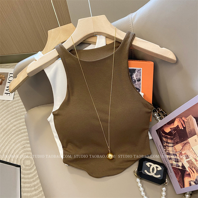 Solid Color High-grade Texture Neck Vest with Chest Pad for Women's Summer New Hot Girls Sexy Exposure Waist Sling Top