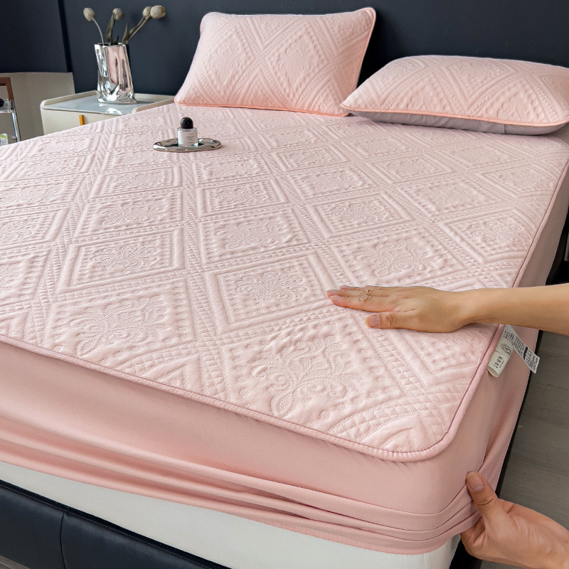 Cama de cama de clase a Jacquard de color sólido Twill cubierta de cama Simmons esterilla marrón cubierta antideslizante 1.8m cama antipolvo de tres piezas conjunto A