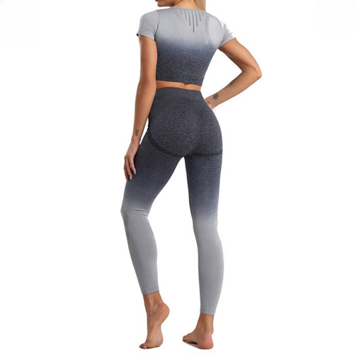 Seamless Yoga Set for Women with Gradient Ombre Design, Featuring Tight-Fitting Mesh Fabric—Quick-Dry Short-Sleeve Fitness Wear Perfect for Cross-Border Travel to Europe and America