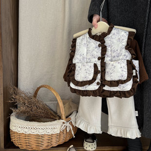 Korean Girl's Autumn and Winter Cotton Vest Sweet Cute Little Girl Lace Color-matching Floral Waistcoat Outer Waistcoat