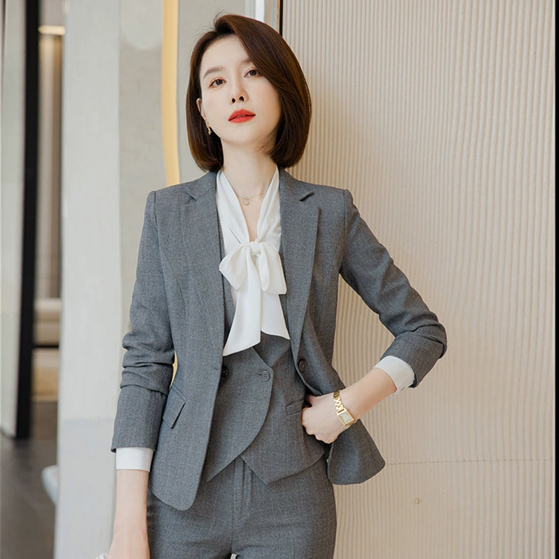 2023 осень и зима новый серый деловой костюм женский менеджер отеля стойка регистрации приталенный комбинезон жилет Комплект из трех предметов