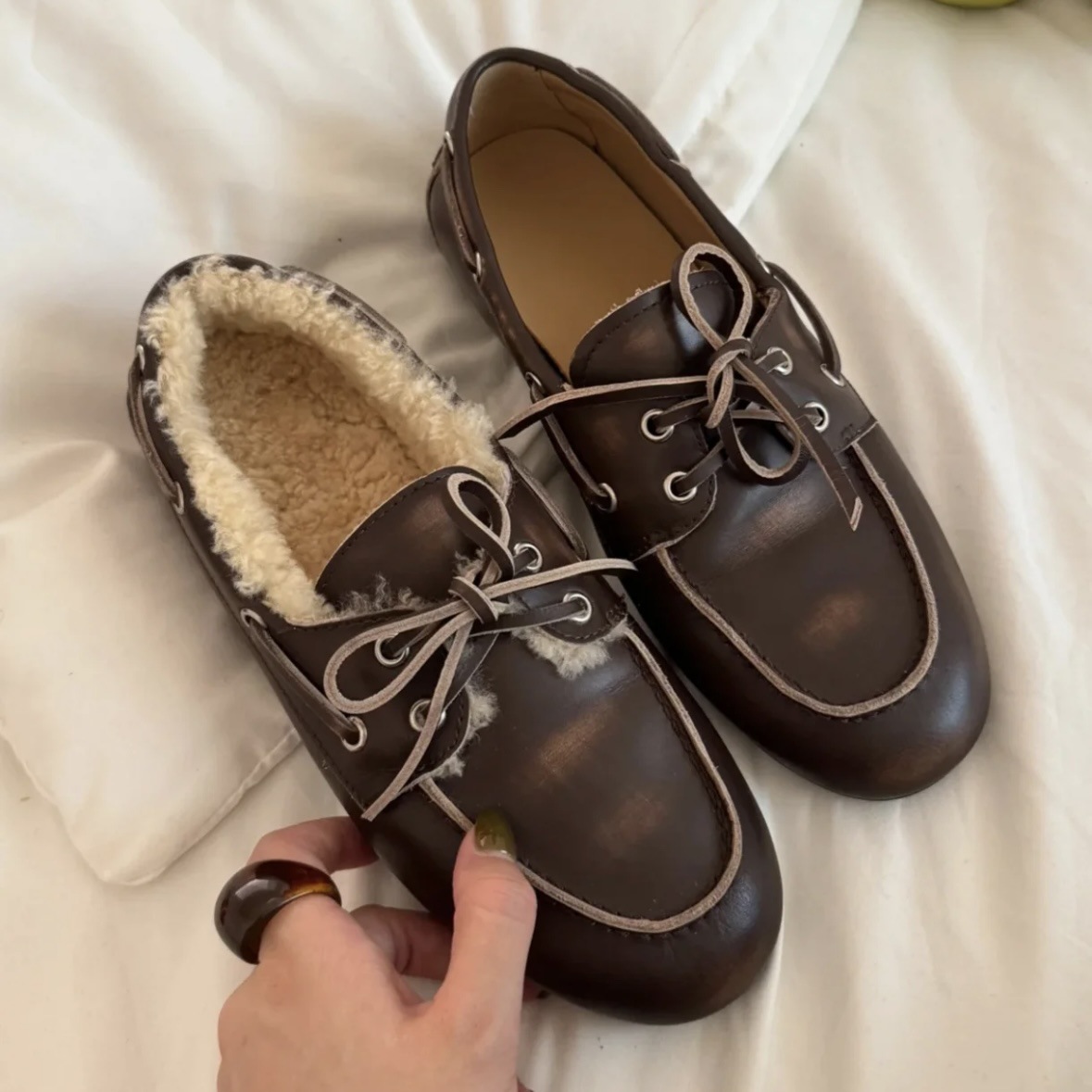牛皮版~加绒平底英伦风做旧脏脏系带软底乐福鞋复古一脚蹬小皮鞋