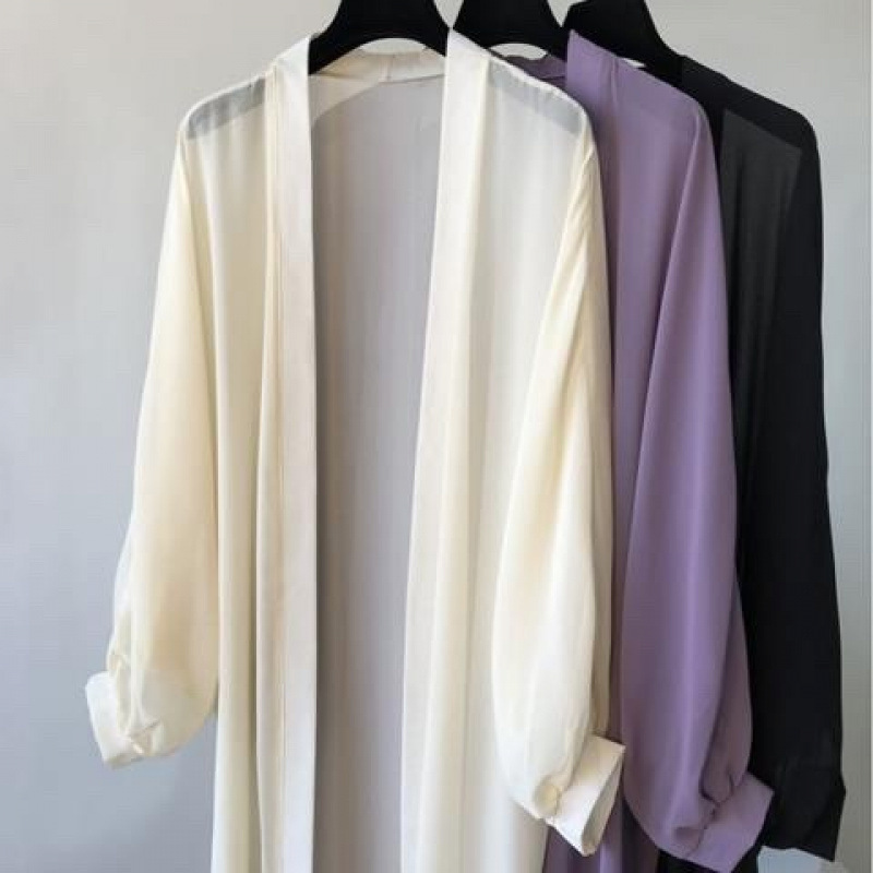シフォン日焼け止め服ロング涼しい夏の新しいスタイルボタンなしルーズ薄手のアウターカーディガンミッドレングスビーチウェアショール|undefined