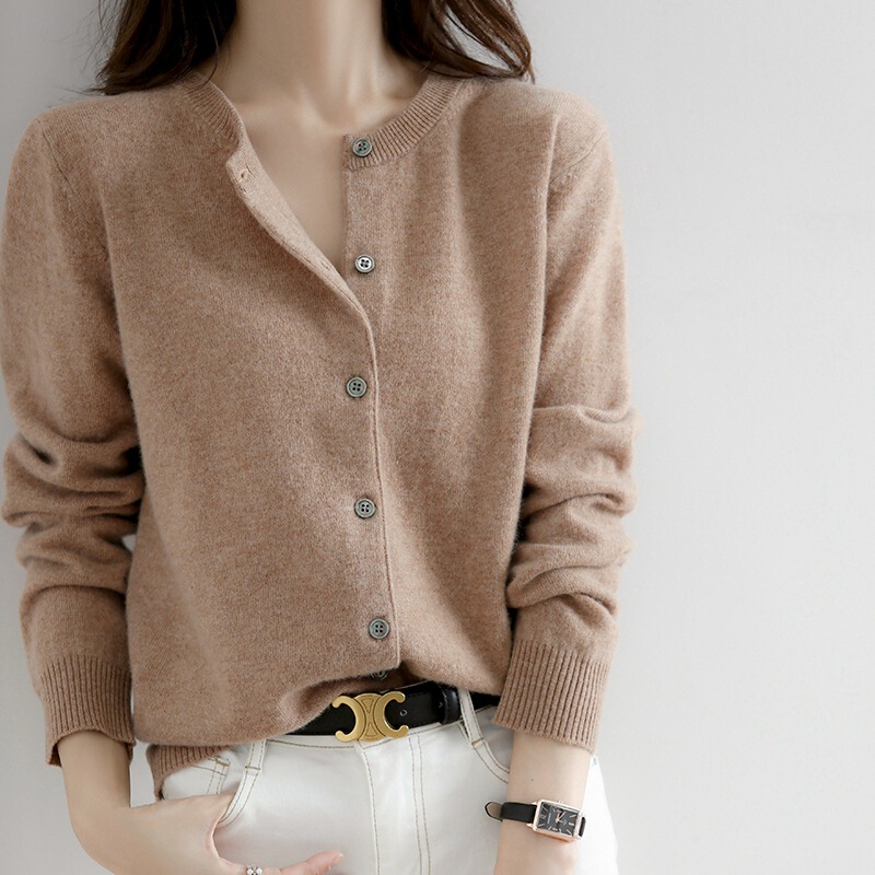 Spring and Autumn Crewneck Worsted Wool Knitted Cardigan Women's Loose Elegant All-match Long-sleeved Single-breasted Jacket Cashmere Sweater