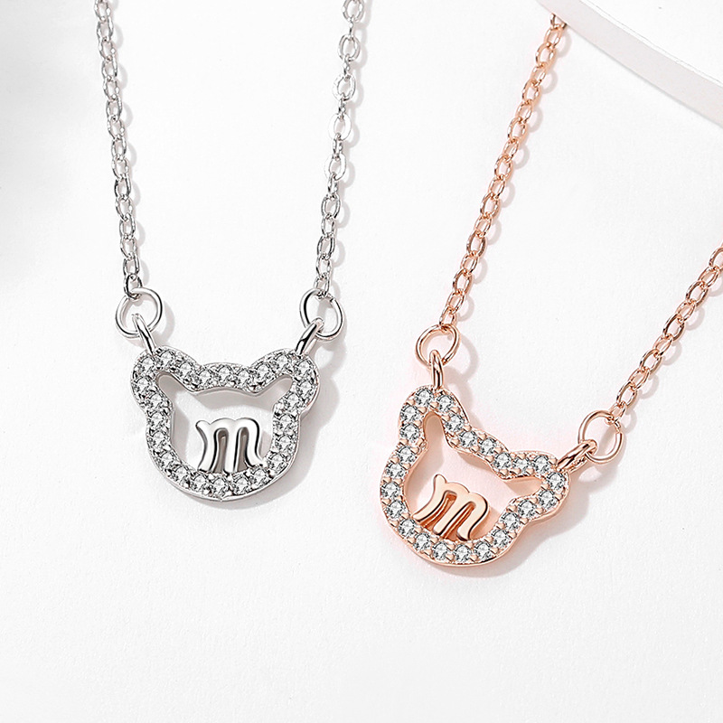 Lindo diamante oso s925 collar de plata esterlina para mujer estilo coreano ins estilo clavícula cadena letra M diseño sentido japonés y estilo coreano
