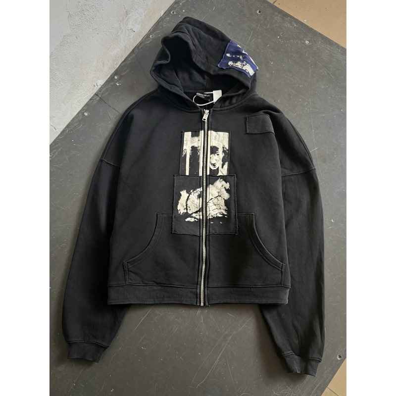 Enfants Riches Deprimes Moscow Limited Edition Hoodie with Patchwork, Distressed Washed Cardigan Sweatshirt, Trendy
