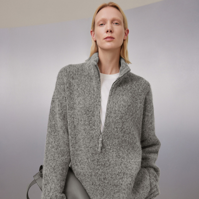 Row Heavyweight Floral Yarn Pure Cashmere/Baby Yak Wool Alpaca Layered Half-Zip Polo Silhouette Sweater for Women