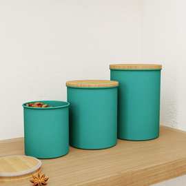 定制现代简约铁喷粉竹盖密封罐三件套 糖茶叶咖啡豆食品储存罐
