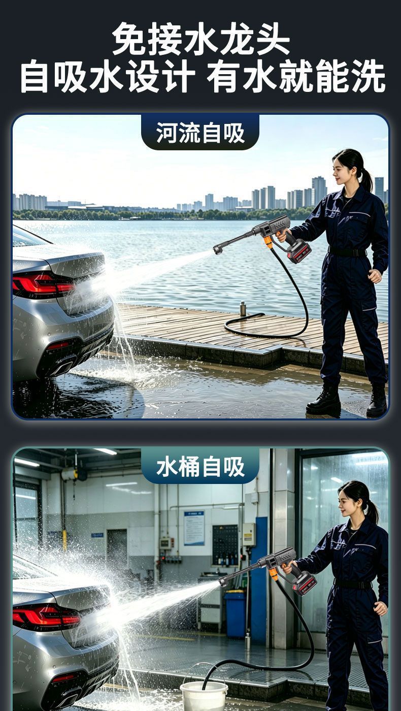 Wireless high-pressure car wash gun, lithium battery-powered self-priming car washer, portable household car wash and garden watering high-pressure water gun