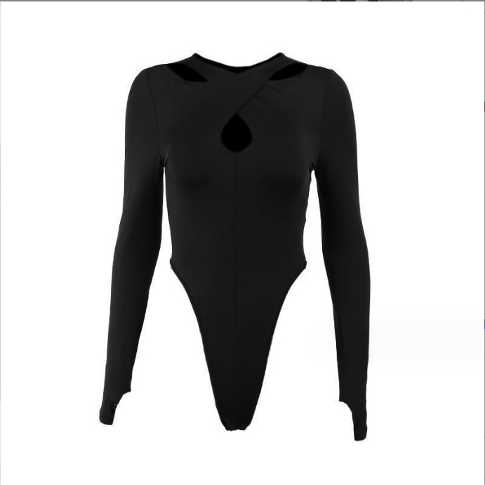 Otoño 2023 europeo y americano nueva moda pecho hueco-hacia fuera halter sexy Slim básico Cruz manga larga mono