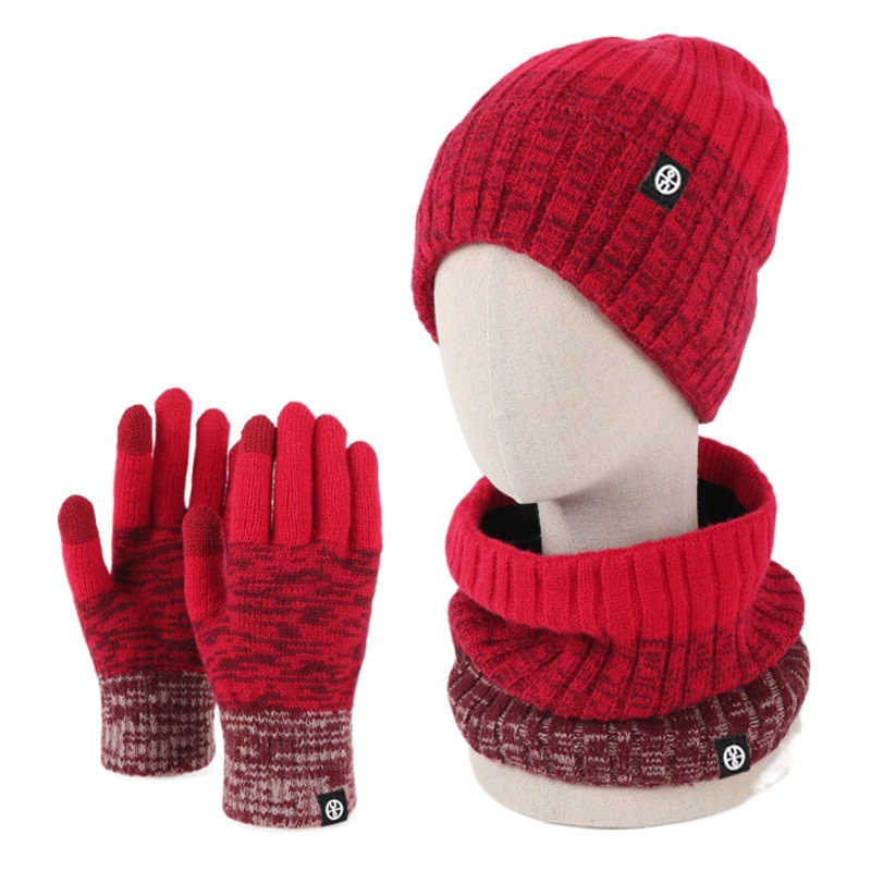 Cross-Border Winter Outdoor Cold-Proof and Warm Knitted Hat Scarf Three-Piece Hat Set Three-Piece Set with Gradient Contrasting Colors