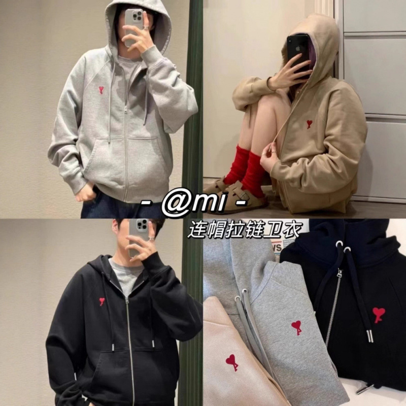 AM*男女同款拉链连帽卫衣爱心刺绣休闲宽松棉质开衫外套跨境代发|undefined