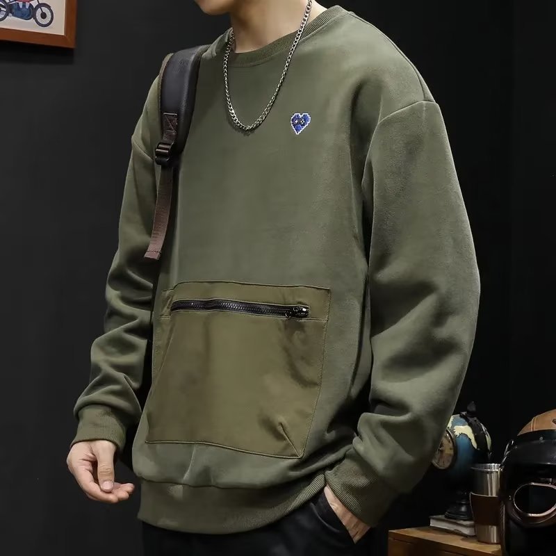 Primavera y otoño nuevo suéter de cuello redondo bolsillo de los hombres cremallera más tamaño suelta más tamaño de los hombres camisa de nicho manga larga moda