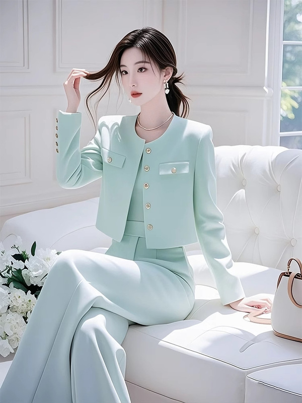 2025秋季穿搭一整套女装气质名媛通勤薄荷绿色外套阔腿裤职业套装|undefined