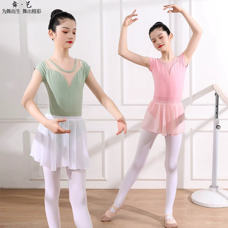 Детская одежда для танцевальных тренировок, цельная юбка с короткими рукавами, балетная юбка, гимнастический костюм, хлопчатобумажная марлевая юбка с половиной рукавов, открытый цельный костюм.