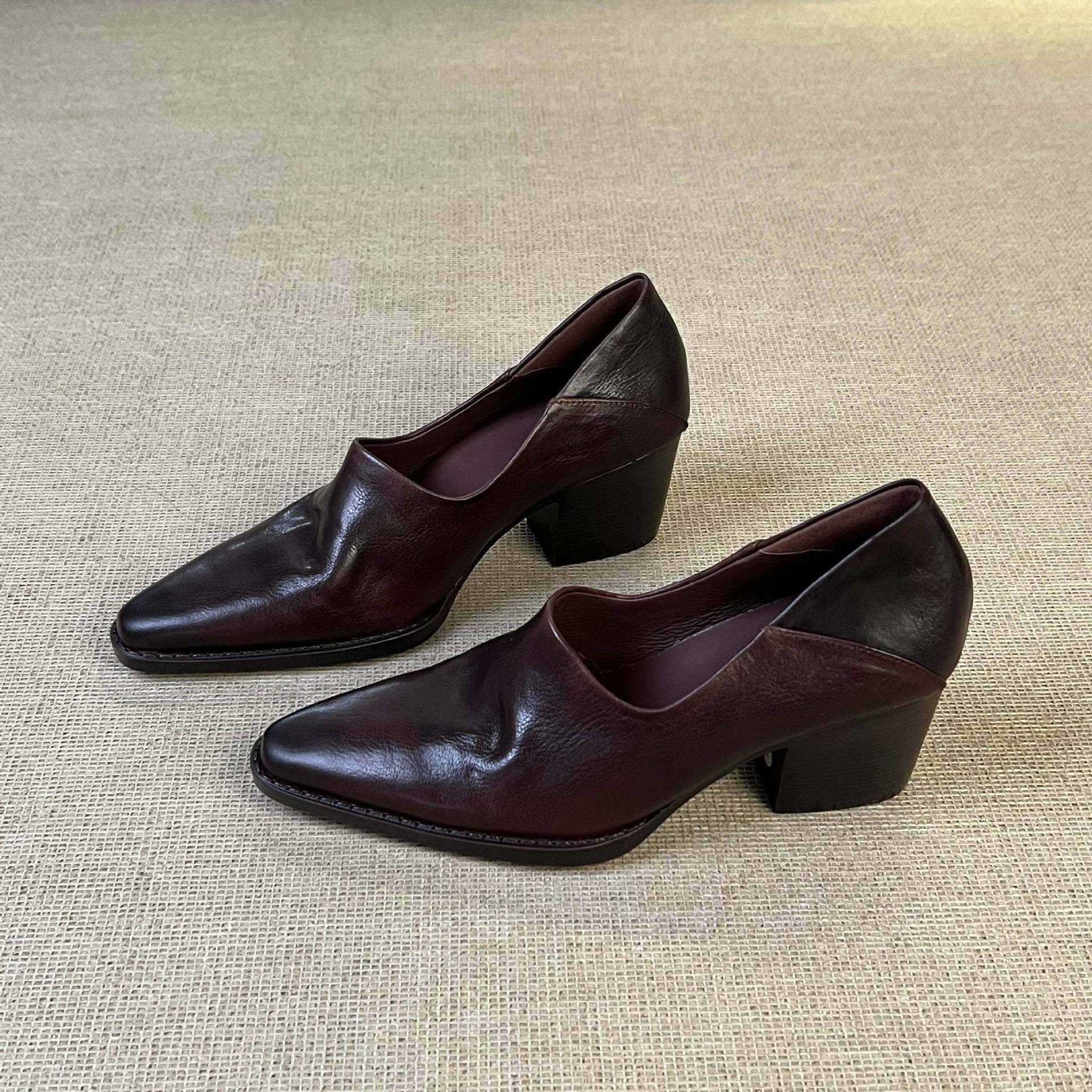 Cowhide 6cm Silent Thick-Heeled Soft-Soled Deep-Cut Small Square-Toed Vintage-Style Versatile Commuting Leather Shoes