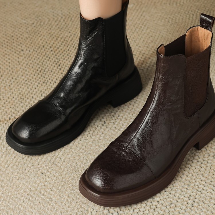 British Style Vintage Sheepskin Short Boots Women's Autumn and Winter New All-match Soft Leather Thick Mid-heel Chelsea Boots Martin Boots Black