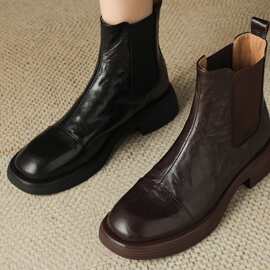手工软羊皮切尔西靴加绒短靴2025秋冬新款真皮厚底英伦风马丁靴女