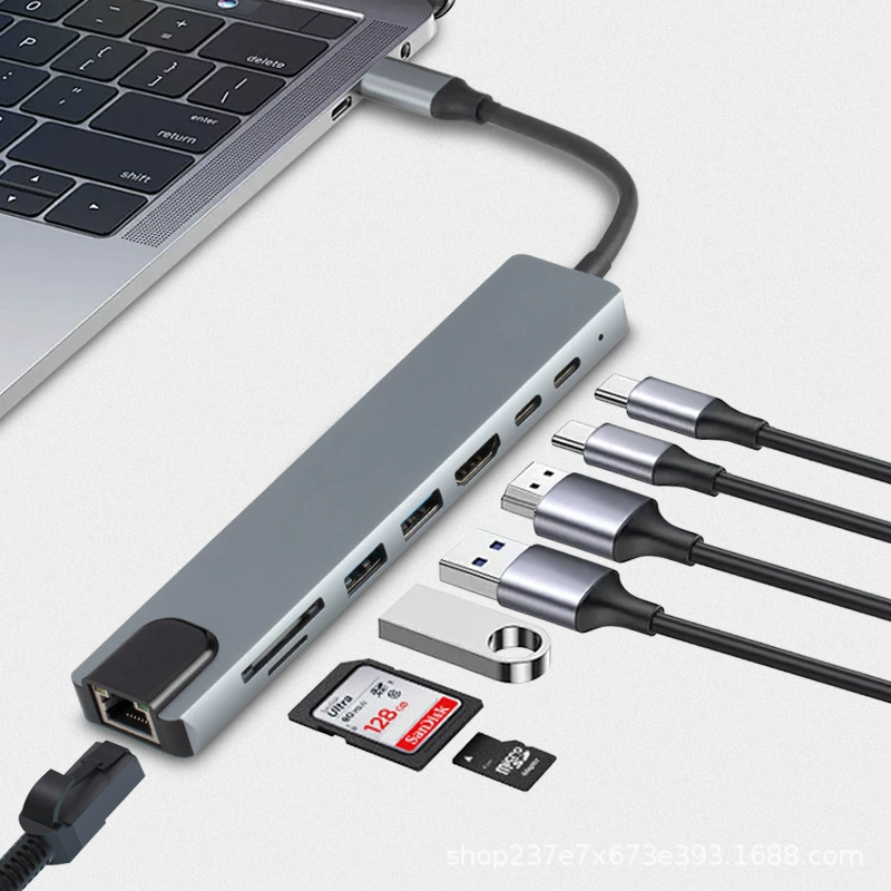 源头工厂type-c转hdmi高清4K八合一网卡转换器多功能扩展坞
