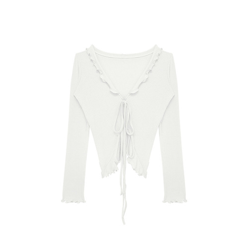 Modern Korean Style Yoga Top with Wave Pom-Pom Edge Slim Fit Long Sleeve Outdoor Yoga Top with Belt Sweet Cardigan