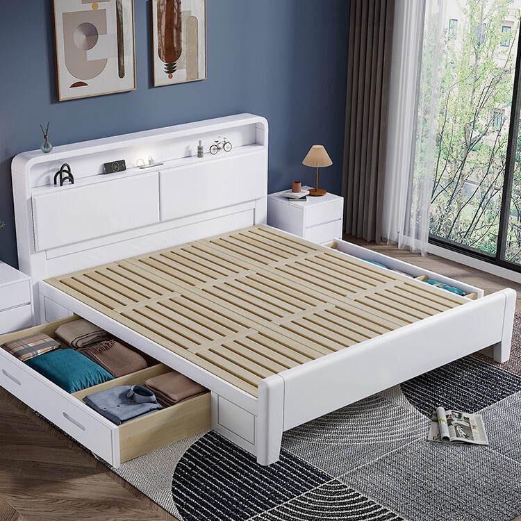 Nordic Solid Wood Bed 1.8 Soft Double Bed with Night Light 1.5 m1.35 Modern Simple Small Apartment 1.2 White Bed Nordic Solid Wood Bed 1.8 Soft Double Bed with Night Light 1.5 m1.35 Modern Simple Small Apartment 1.2 White Bed