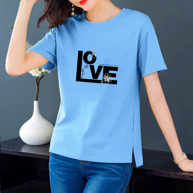 [100 Cotton] Cotton Short Sleeve T-shirt Women's Summer Loose Jacket ins Split plus size Font Printed Outer Wear T-shirt