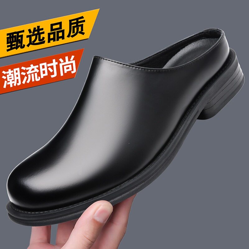 Dép mule nam kiểu xỏ chân mũi to phong cách retro, dép Derby lười — Da bóng màu đen, Đen mờ
