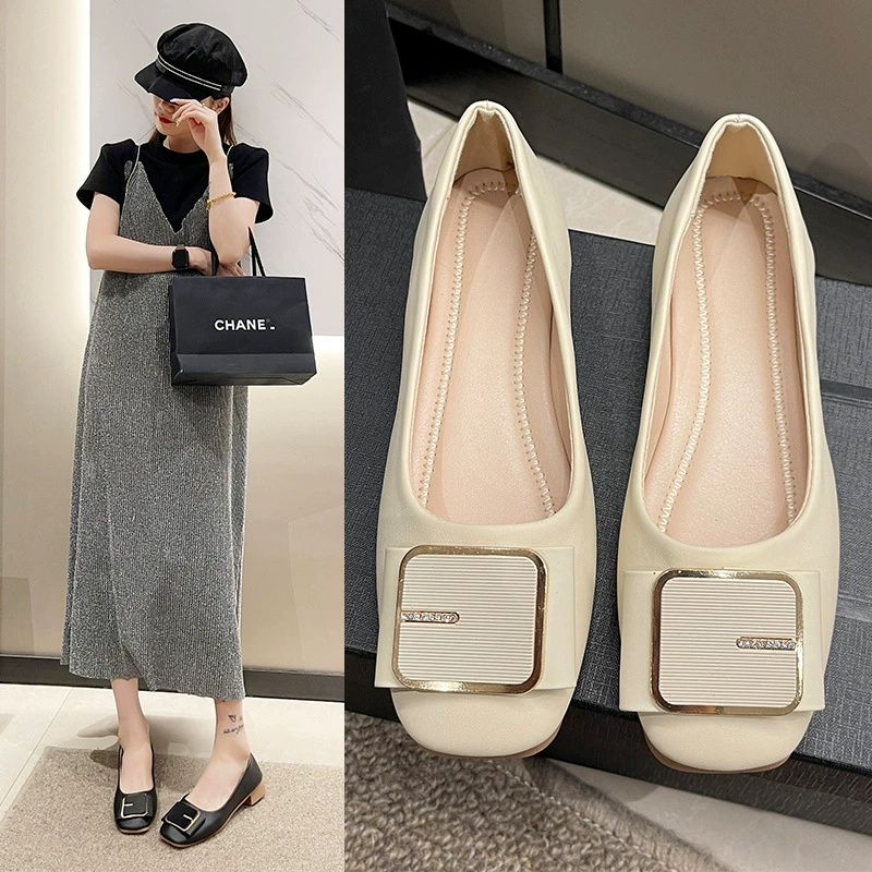 Женские туфли без каблука оптом, новая весенне-осенняя коллекция во французском стиле, туфли-слипоны на низком каблуке с квадратным носком, туфли с неглубоким квадратным ремешком на пряжке.