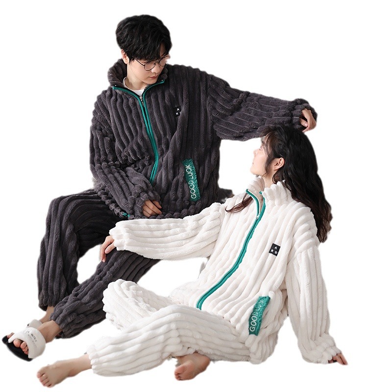 (2개) 커플 파자마 겨울 플러스 벨벳 두꺼운 산호 양털 여성 따뜻한 플란넬 남성 야외 홈 옷 정장 착용 가능