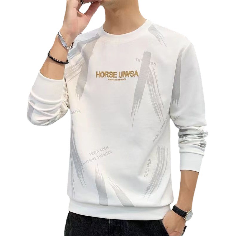 Suéter de los hombres nueva primavera y otoño de los hombres de manga larga Camiseta suelta Jersey cuello redondo con fondo camisa de moda juvenil impresa superior