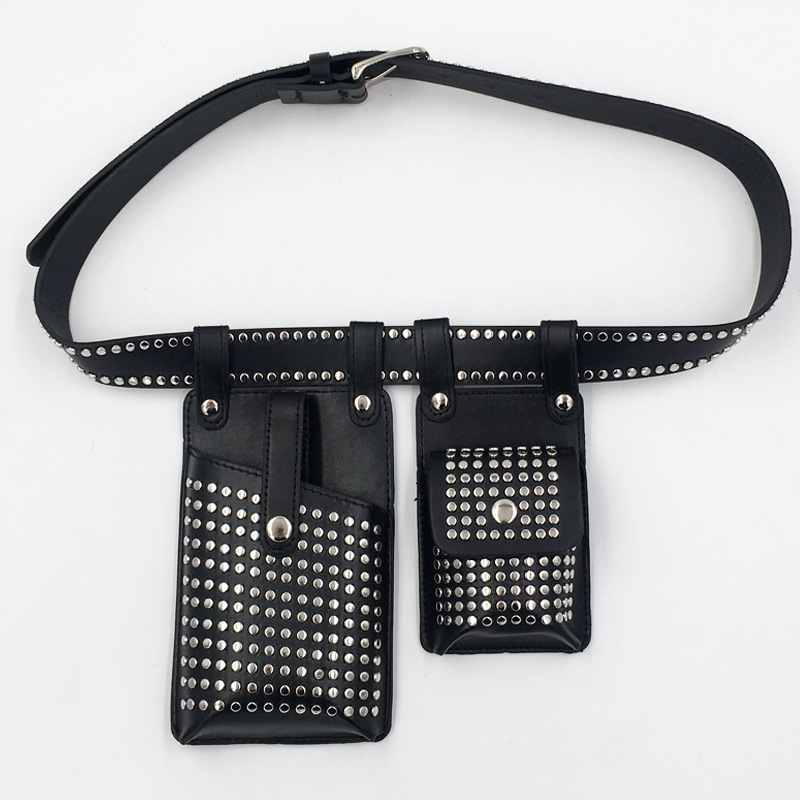 2021 New Two-Piece Leather Belt Bag Rivet Punk PU Leather Mobile Phone Bag Cross Border Hip Hop Rap Mobile Car Bag