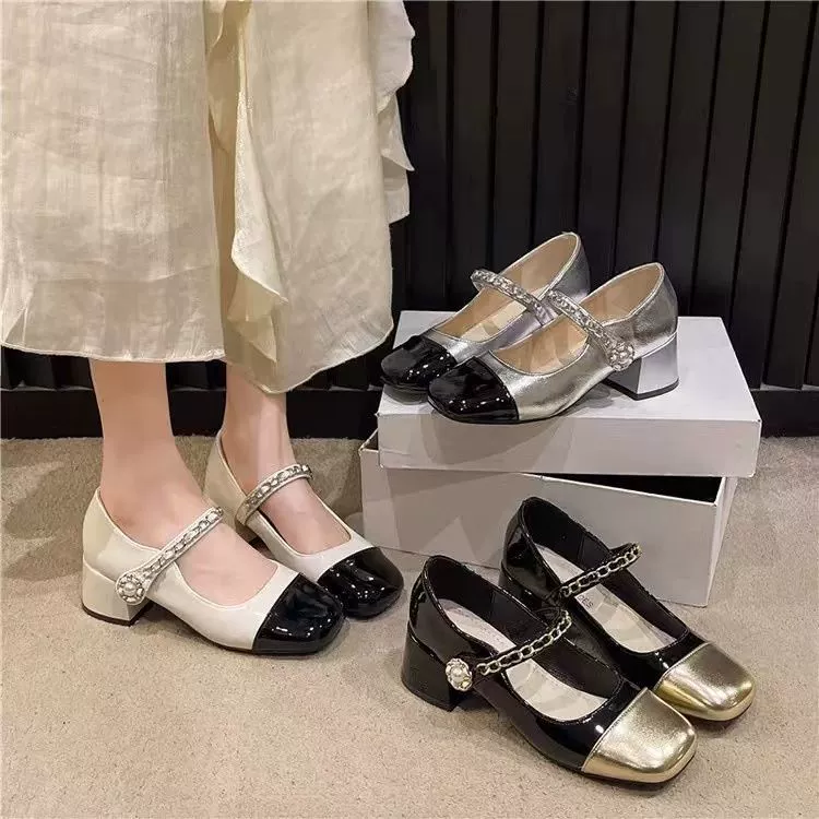 Ранняя весна жемчужные туфли ретро толстые туфли на каблуке маленькие кожаные туфли на каблуке осень маленький ароматный ветер Мэри Джейн обувь женская 2024 новая модель