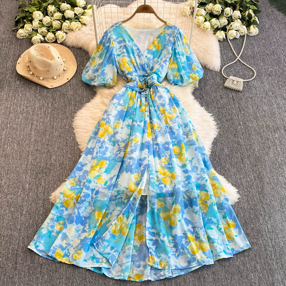 Чайный перерыв французское ретро с V-образным вырезом с пузырьками рукавами на талии платье тонкое и темпераментное длинное платье с принтом на коленях