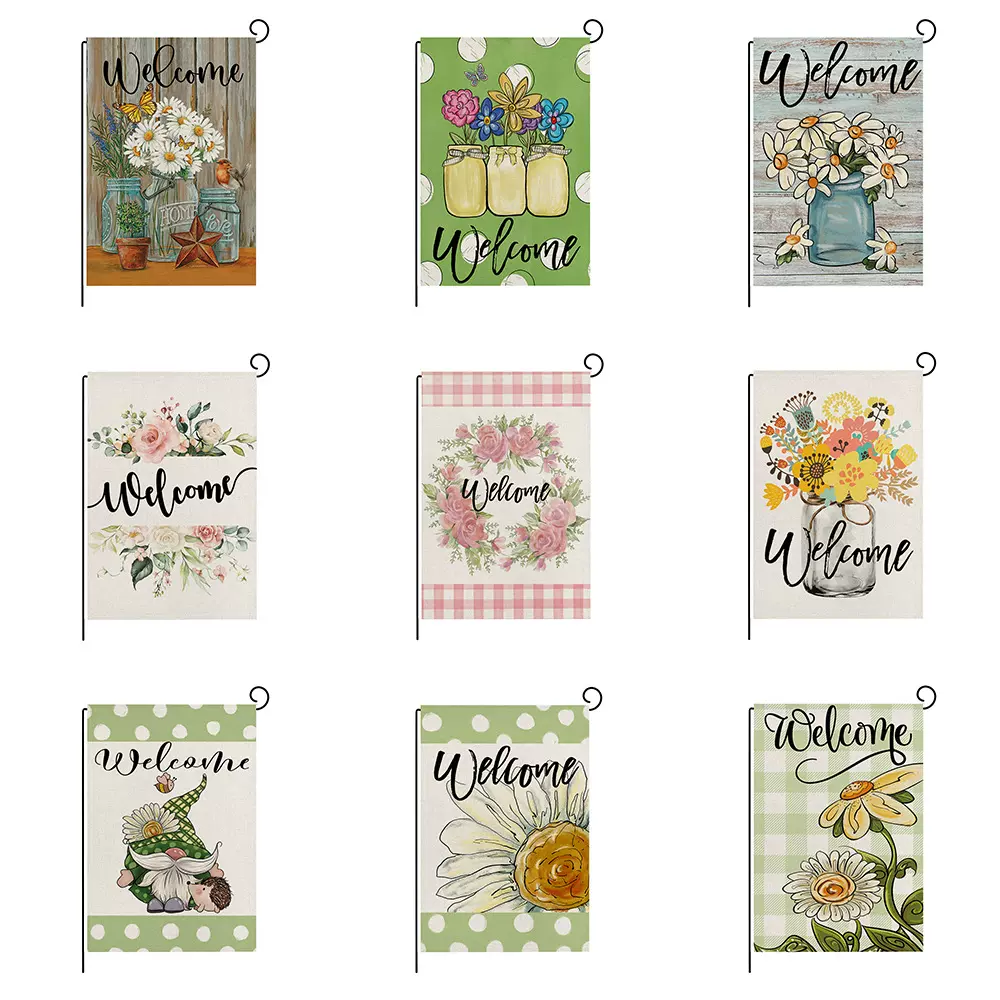 亚马逊春季花卉花园旗涤纶印花庭院户外装饰旗帜黑白格子跨境家居