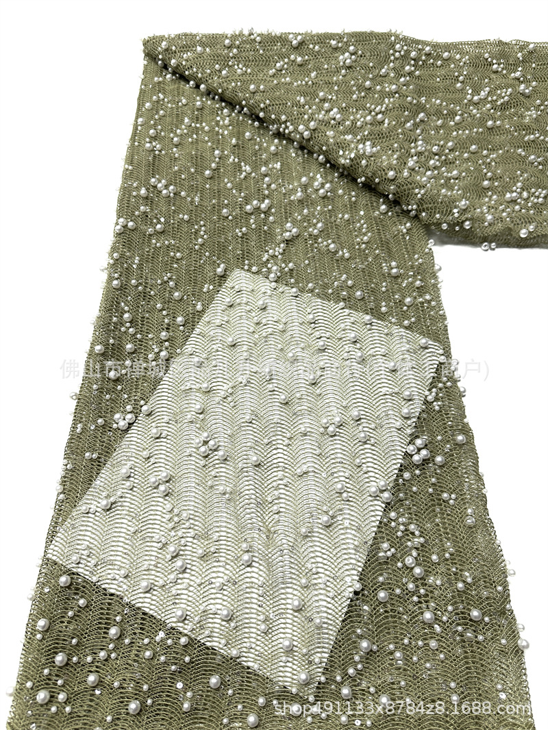 Inventario de tela de malla de cuentas de clavos pesados tamaño de perla ondulado bordado vestido de boda vestido de noche cheongsam tela
