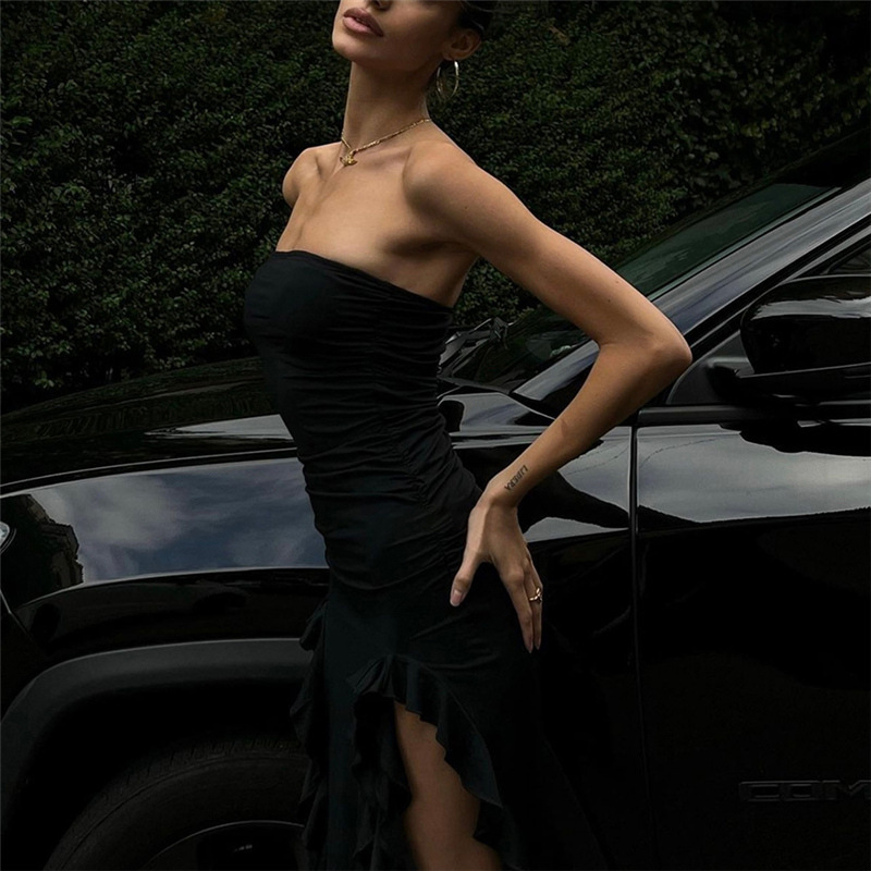 Sexy, Streetwear Style Wholesale Women's Sexy Streetwear Tassel Solid Color Holiday Party Strapless Sleeveless Black Dress