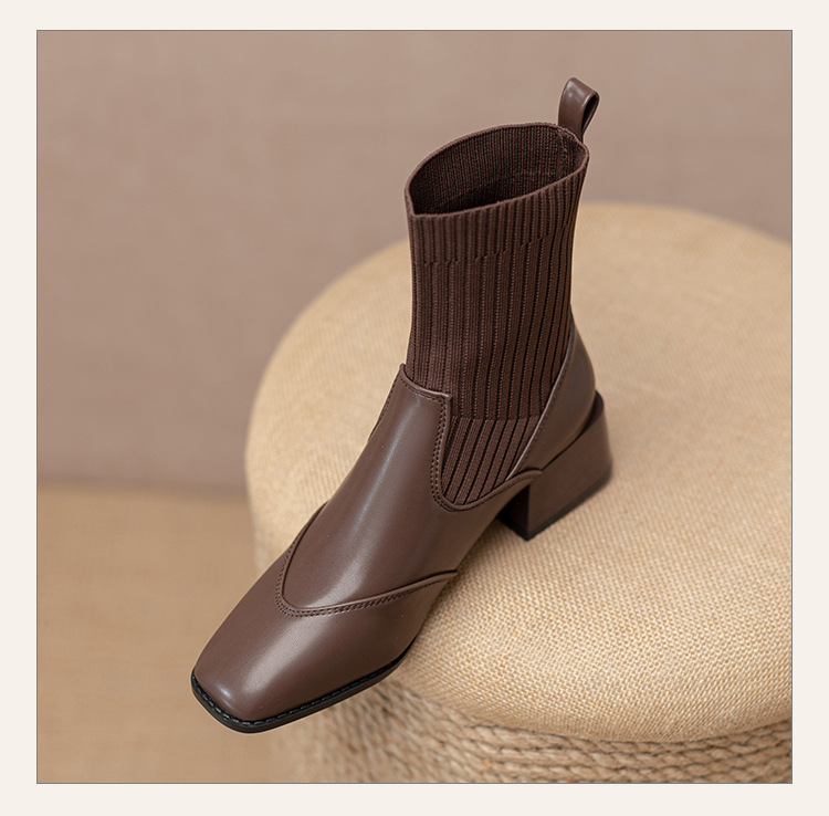 Women's Ankle Boots French Retro Square Toe Thick Heel Mid Calf_voghion.com