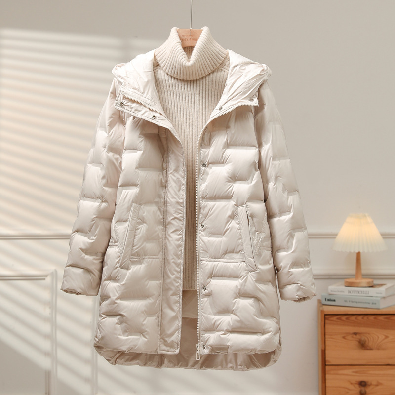 Light and thin down jacket women's mid-length 2024 winter new loose European goods pressure glue ultra-light Ying hooded coat tide